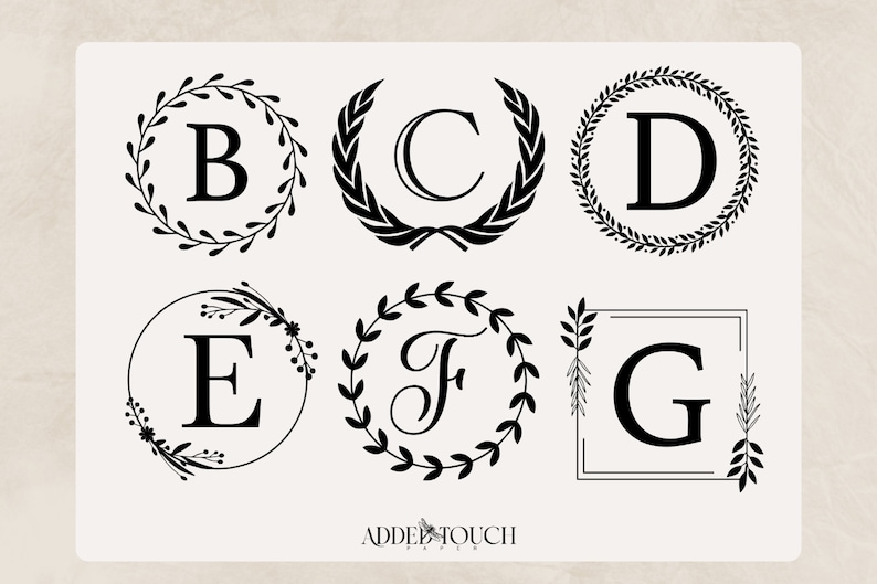 May include: A set of six black and white monogram designs featuring the letters B, C, D, E, F, and G. Each letter is surrounded by a decorative wreath or frame.