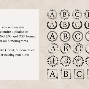 May include: Six different styles of monogram letters A, B, C, and D. Each letter is in a different style, including a wreath, a laurel wreath, a circle, a circle with leaves, a square, and a square with leaves. The letters are black and the background is white.