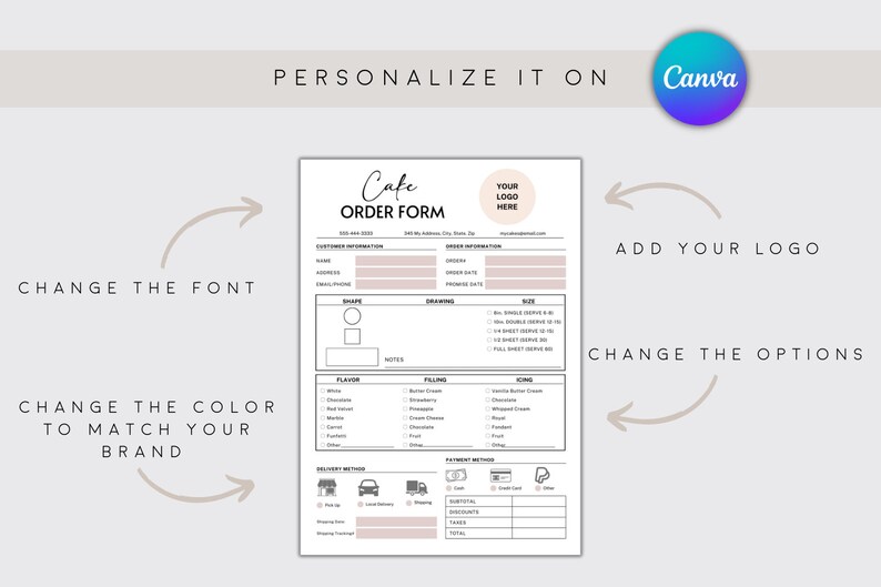 Editable Cake Order Form Template Canva Printable Custom Client Sheet ...