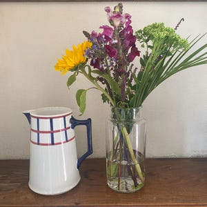 Può includere: Una brocca bianca con manico blu e motivo a griglia rosso e blu, accanto a un vaso di vetro trasparente pieno di fiori colorati, tra cui un girasole giallo, bocche di leone viola e fogliame verde. Su una superficie di legno.