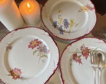 Plato plano policromado Olga de Créil y Montereau, siglo XIX, con motivo floral