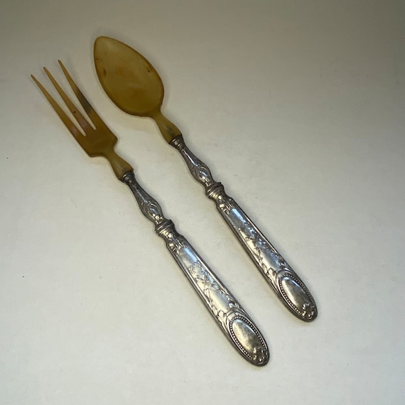 Service à Salade Art Déco Ancien - Couverts En Argent Et Corne - Écrin Inclus