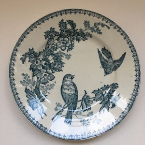 XIXème siècle Longwy Mésange Assiette Plate Décalcomanie Bleu / 20th Century Longwy Mésange Diner Plate Blue Transfer