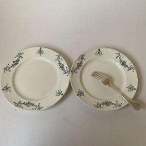 Könnte beinhalten: Zwei cremefarbene Keramikteller mit blauem Blumen- und Schleifenmuster am Rand. Auf einem Teller liegt eine silberne Gabel. Die Teller sind rund und haben ein schlichtes, elegantes Design.
