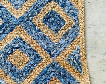 Rugs- Denim Jute Floor Rug-55cmx80cm- Hand Made Natural Jute Rug-Bohemian Rug-Chindi Rug-Braided Rugs-Eco friendly Rugs- Hallway Rug-Cotton