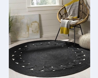 120cmx120cm Rugs-Black Jute Floor Rug- 4ftx4ft Round Hand Made Natural Jute Rug-Bohemian Rug-living room rug-Hallway Rug--Custom rug