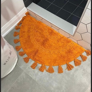 Rugs-Bath Mat-Bath Rugs-Hand Made-100% Cotton-Ultra Soft and Absorbent-Shaggy Rugs-Pure Cotton-Cotton Rug-Semi Circle Mat-Bohemian-Eco Mustard