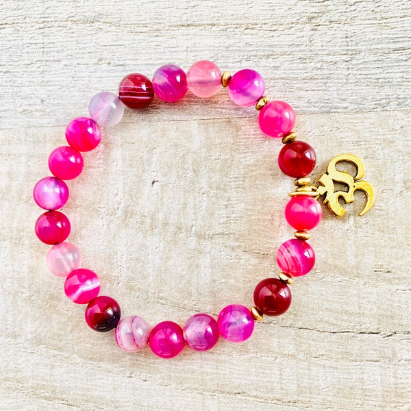 Agate Bracelet for Good Luck-Pink Agate OM Charm-Yoga Meditation-Mothers day gift-For Him-Gift for Her-Zen-Natural--Boyfriend christmas gift