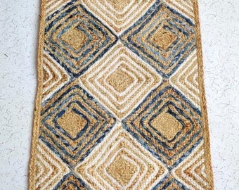 Jute Door Mats-Rugs- Denim Jute Rug-55cmx80cm- Hand Made Natural Jute Rug-Bohemian Rug-Braided Rugs-Eco friendly Rugs- Hallway Rug-Cotton