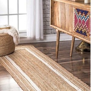 Rugs-Runner Alfombra de yute trenzada a mano Tamaño personalizado Alfombra Granja Área de yute Alfombra para decoración del hogar-Pasillo-Cocina Sala de estar-Ecológico-Regalos Natural white stripe