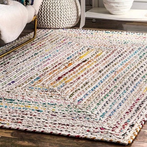 Rugs- Multi Colour White Rectangle Cotton Rug-Bohemian Rug-Chindi Rug-Square Rugs-Yoga Mediation Rugs-Eco friendly Rugs- Handmade-Room Decor