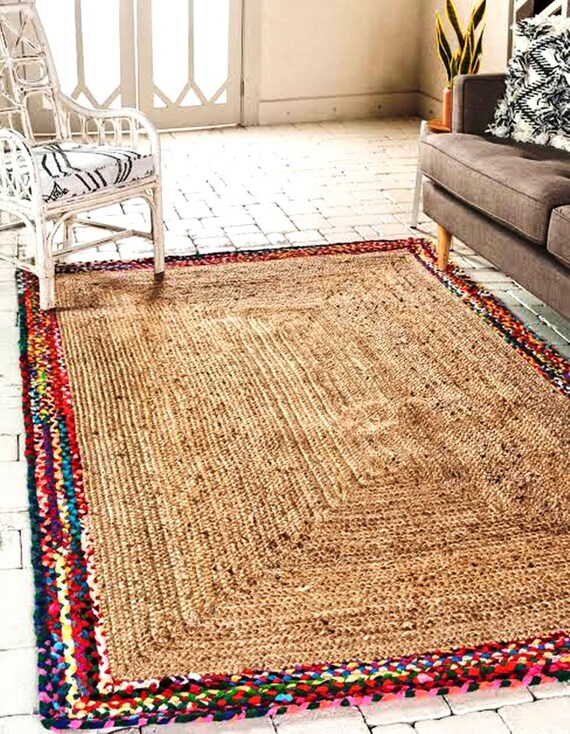 Braided Floor Rug Boho Jute Cotton Rug Handmade Rectangular Floor Mat