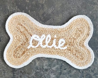 Personalised Dog Name Jute Rug Mat-All Natural Handmade Jute Bone Shape Rug -Placemat for Dog's Water  Food Bowl-Pet Mat-Pet Gifts-Dog Gifts