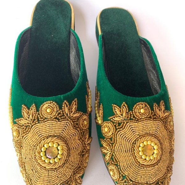 Women Green Gold Party Shoes-Christmas Gifts- Gift for her--Green loafer-Green Velvet Clogs-Gift for her-Mules-Wife Birthday Gift-Mom Gift