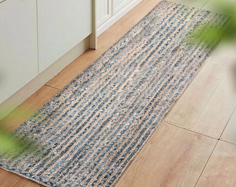 Alfombras-Runner Yute Chindi Rug Hand Braided Custom Size Rug Denim Cotton Yute Area Rug- Home Decor-Hallway-Kitchen- Living Room-Eco friendly-