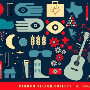 May include: A collection of colorful vector illustrations on a dark blue background. The illustrations include a basketball, a cat, a moon, a clock, wheat, a hand with an eye, a lightbulb, a heart, a flower, a cross, a bird, a guitar, a paintbrush, a sun, a star, a saw, a boot, a camera, a house, a triangle, a city skyline, and a peanut.