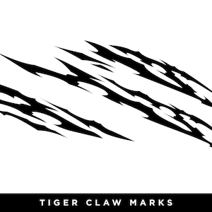 Può includere: Design grafico in bianco e nero di segni di artigli di tigre. Il design è stilizzato e assomiglia a un insieme di linee affilate e frastagliate.