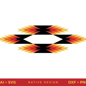 May include: A symmetrical Native American design in black, white, and shades of orange and yellow. The design features a central diamond shape with stylized arrow-like elements extending outwards. The bottom of the image includes the text "AI • SVG NATIVE DESIGN DXF • PNG".