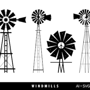 Puede incluir: Cuatro molinos de viento negros en silueta con diferentes diseños. Los molinos de viento están sobre un fondo blanco. El texto "WINDMILLS" está en la parte inferior de la imagen. El texto "AI * SVG * PNG" está en la parte inferior derecha de la imagen.