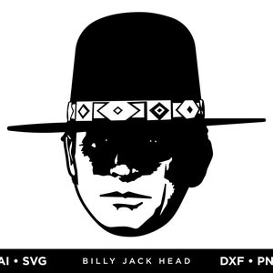 May include: Black and white graphic of a person wearing a wide-brimmed hat with a decorative band. The hat's brim is flat, and the band features geometric patterns. The image is a vector graphic, with the text "BILLY JACK HEAD" at the bottom.