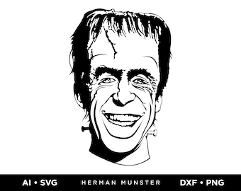 Peut inclure: Illustration en noir et blanc de Herman Munster, un personnage de la série télévisée "La Famille Addams". Il sourit la bouche ouverte et a un boulon dans le cou.