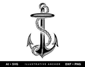 May include: A black and white illustration of a nautical anchor with rope wrapped around the top. The anchor has a ring at the top and two arms with points at the bottom.