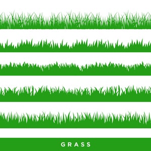 Puede incluir: Cinco bordes de hierba verde diferentes, cada uno con un estilo y una densidad de hojas diferentes. La palabra "GRASS" está impresa en blanco en la parte inferior de la imagen.