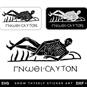 May include: Black and white sticker design featuring a skeleton lying on a striped surface. The text "ΓΝΩΘΙ CAYTON" is printed below the skeleton.