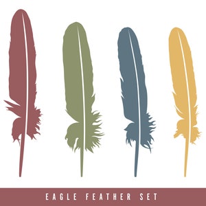 May include: Set of four eagle feathers in different colours: maroon, green, blue, and yellow. The feathers are stylised and have a simple design. The text "EAGLE FEATHER SET" is at the bottom of the image.