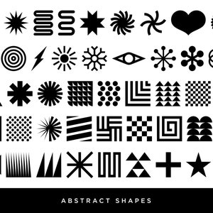 Puede incluir: Una colección de 40 formas abstractas en blanco y negro, que incluyen patrones geométricos, estrellas, remolinos y corazones. El texto "ABSTRACT SHAPES" está en la parte inferior de la imagen.