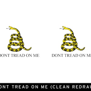 May include: A yellow and black snake coiled in a circle with its head facing left. The snake is biting its tail and has the words "Don't Tread On Me" written below it. This is a clean redraw of the Gadsden Flag.