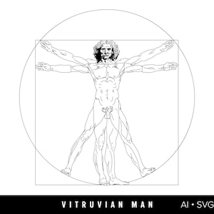 May include: A black and white line drawing of a human figure in a square and circle, known as the Vitruvian Man. The figure is in a symmetrical pose with arms and legs outstretched.