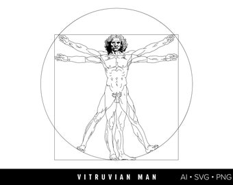 Könnte beinhalten: Eine Schwarzweiß-Linienzeichnung einer menschlichen Figur in einem Quadrat und einem Kreis, bekannt als der Vitruvianische Mensch. Die Figur befindet sich in einer symmetrischen Pose mit ausgestreckten Armen und Beinen.