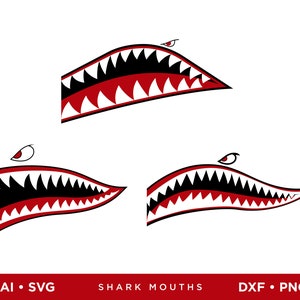 Puede incluir: Tres diseños de boca de tiburón en blanco y negro con dientes rojos y detalles blancos. Las bocas están abiertas y tienen un aspecto amenazante.