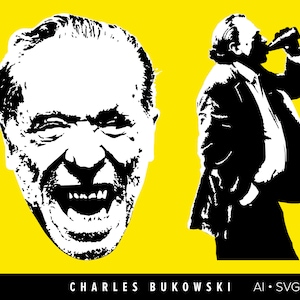 Puede incluir: Silueta en blanco y negro del retrato de Charles Bukowski, un famoso escritor estadounidense, con una expresión de risa. La imagen también incluye una silueta de Bukowski bebiendo de una botella.