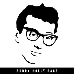 以下が含まれることがあります： バディ・ホリーの顔の白黒の線画イラスト。彼は眼鏡をかけており、短い髪型をしています。
