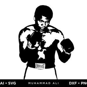 May include: Black and white silhouette of a boxer wearing boxing gloves and shorts with the word "Everlast" on them. The boxer is in a fighting stance.