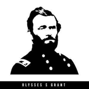 Puede incluir: Retrato en silueta en blanco y negro de Ulysses S. Grant, el 18º presidente de los Estados Unidos. Lleva un uniforme militar con botones y barba.