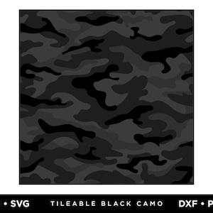 May include: A seamless black camouflage pattern. The pattern is made up of various shades of gray and black, creating a realistic camouflage effect.