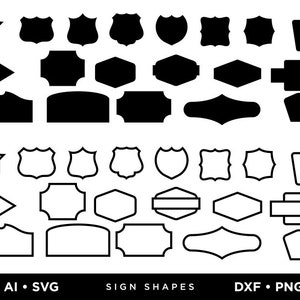 May include: A set of 20 black and white sign shapes, including circles, squares, diamonds, and shields. The shapes are outlined in black and are arranged in two rows. The text "AI • SVG SIGN SHAPES DXF • PNG" is at the bottom of the image.