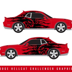May include: A red Dodge Hellcat Challenger with a black and red graphic design. The graphic design features a stylized animal head with a black and red camouflage pattern.