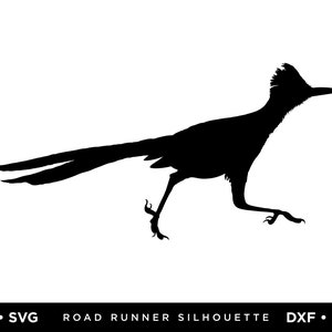 May include: Black silhouette of a roadrunner bird running with its legs outstretched.