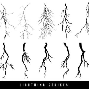以下が含まれることがあります： 稲妻の白黒イラスト10点セット。イラストは、写実的なものからスタイリッシュなものまで、さまざまなスタイルで描かれています。すべてのイラストは白い背景に描かれています。