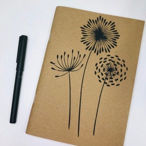 Peut inclure: Un cahier marron avec un stylo noir. Le cahier présente un motif floral noir de trois fleurs en forme de pissenlit. Le stylo est noir et se trouve à côté du cahier sur une surface blanche.