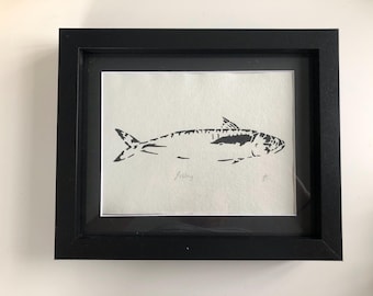 Original Fish lino cut hand printed on Khadi paper/handmade paper - A5 - made in Cornwall  |  home & living | wall art | rustic style