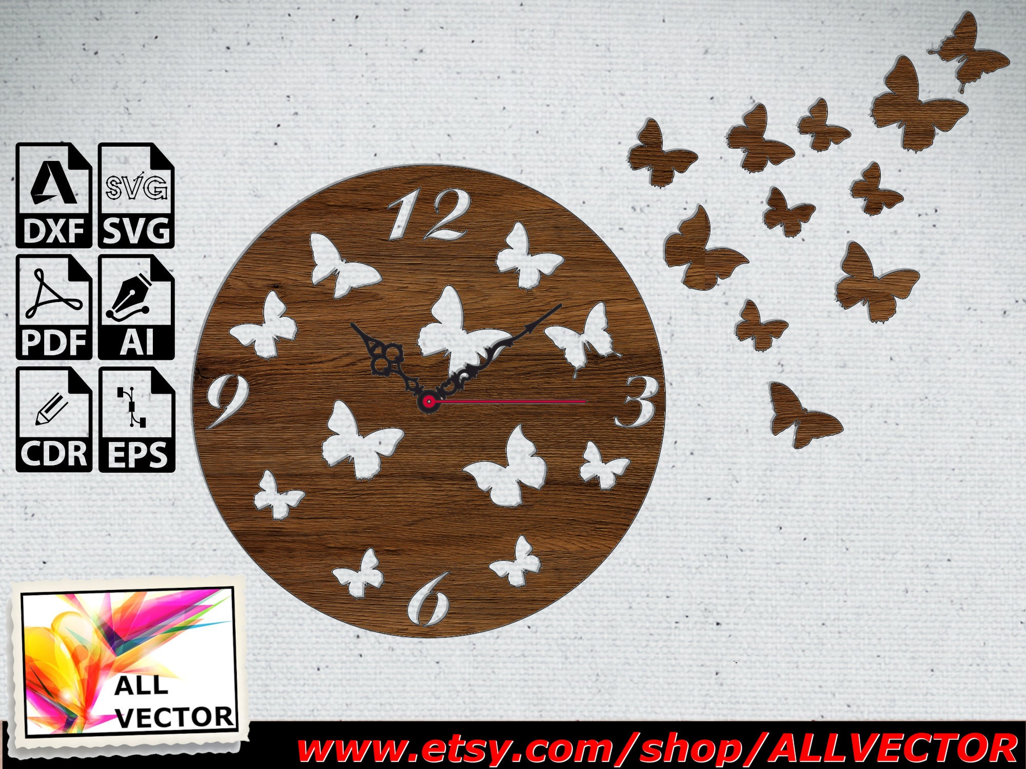 Wooden wall clock butterfly Clock Laser Cut Files SVG DXF CDR