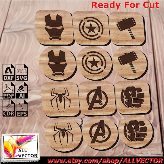 Marvel, Avengers, Coaster Set, Laser Cut, CNC Cutting, CNC Router, Digital, Vector Files, Instant Download, Dxf, Cdr, Pdf, Svg, Eps, Wood