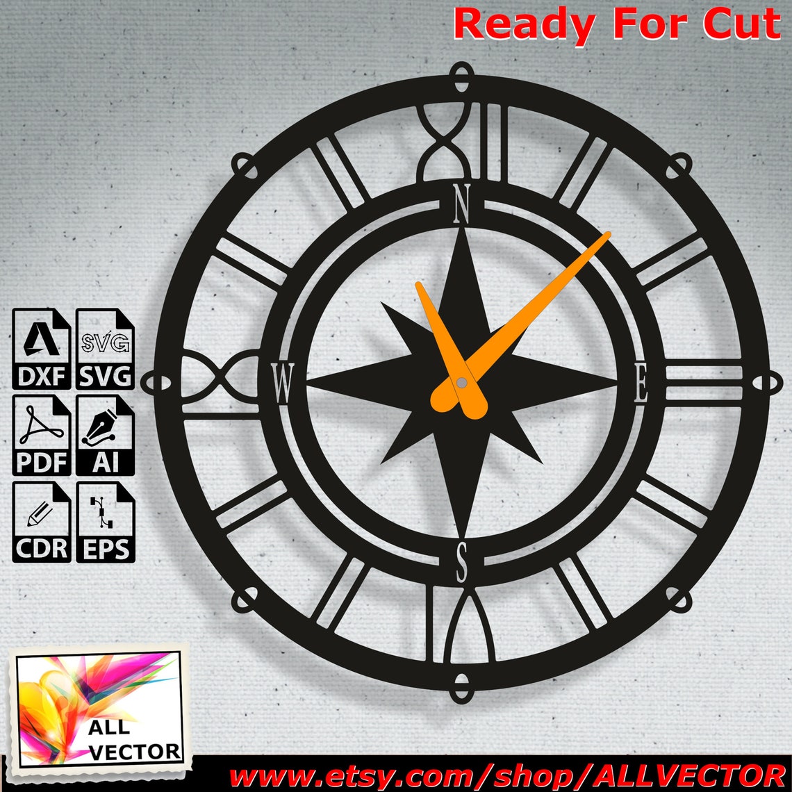 Wall Clock Compass Laser Cut Svg Dxf Plan Template CNC Etsy
