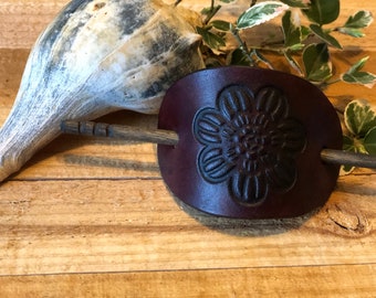 Leather Hair Slide with Embossed Boho Flower - Hair Accessory - Leather Hair Barrette