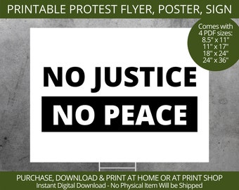 No Justice No Peace Poster | Printable Solidarity Political Protest Sign | Social Justice Inclusion | Human Rights Flyer | Political Poster